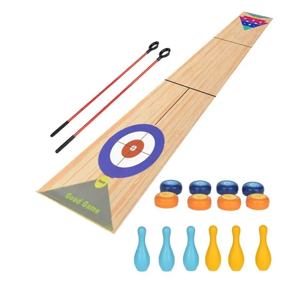 JstFrU Portable Indoor Shuffleboard Table Game, Curling Game and Bowling Game 3 in 1 Board Game Set,with 11.7 Foot Game Mat,2 Cues,8 Curling Rocks,6 Bowling Pins,Fun Family Game