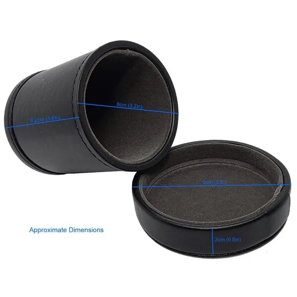 Black PU Leather Dice Cup, Dark Grey Premium Felt Lined with Removable Matching Lid Cover Tray, Plus (6) 16mm D6 White Dice Squared Corners
