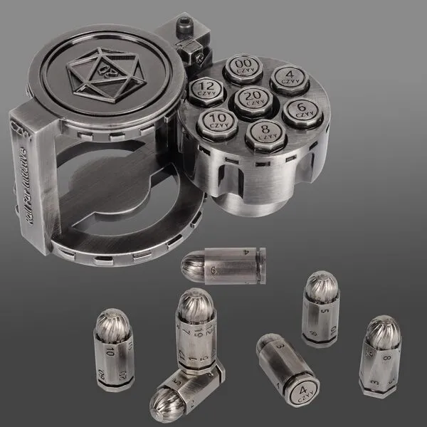CZYY Metal Polyhedral Bullet Dice Set of 7 with Spinning Revolver Cylinder Container - Cyberpunk Style Dice for Warhammer 40K, D&D, Sci-Fi, War, or Crime Theme Tabletop Games (Sliver)