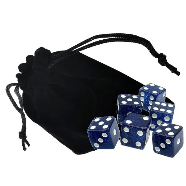 Set of (6) 16mm D6 Transparent Glitter Dice Standard Squared Corners ... Plus Black Velvet Cloth Pouch Bag (Blue)