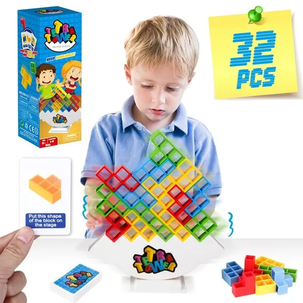 HOMELAM 32 PCS Tetra Tower Stacking Game, Building Balance Blocks Board Game, 1-4 Players Family Games for Kids, Adults, Party, Friends, Team, Travel