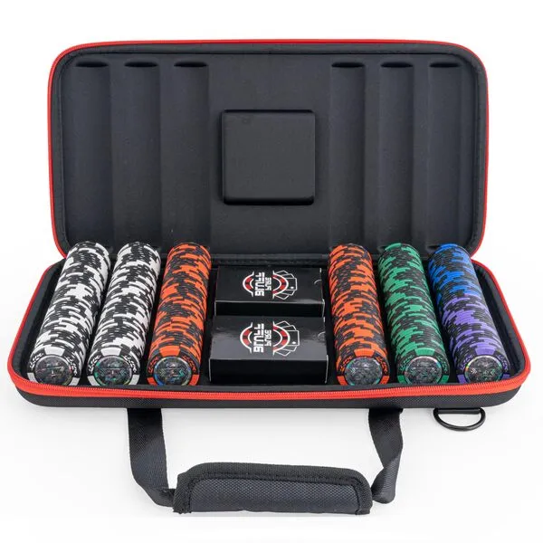 Pure Bluff Poker Chips Set with Case - 300 Clay Poker Chips - 2 Card Decks, Dealer Button & Case, Casino Quality Poker Game Numbered Chips for Texas Holdem