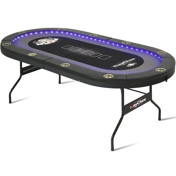 RayChee LED Poker Table, 10 Player Foldable Texas Holdem Table w/Inlaid LED Light, 2 USB & 2 Type-c Ports, Portable Blackjac for Texas Card Game w/Cup Holders and Padded Rails (Black, 84 inch)