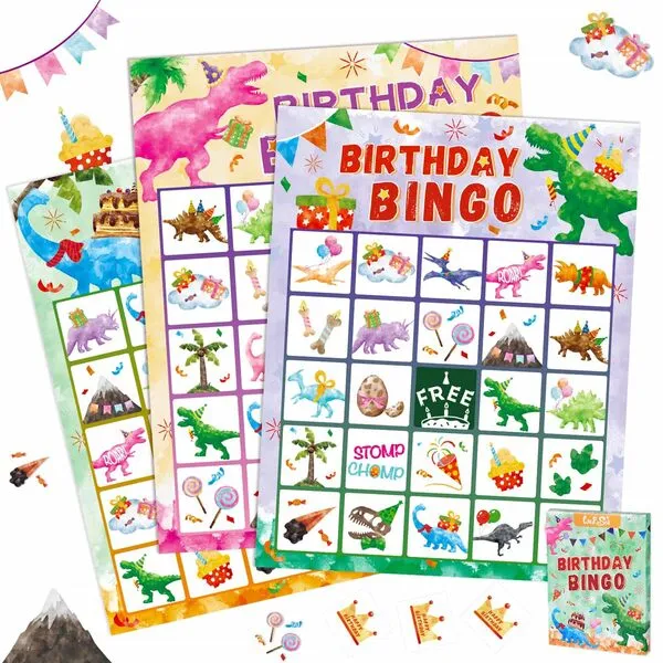 WERNNSAI Birthday Bingo Game - Watercolor Dinosaur Party Game for Kids Adults 24 Players Bingo Cards with Reward Stickers Party Favor for Classroom Activities Family Game Holiday Supplies