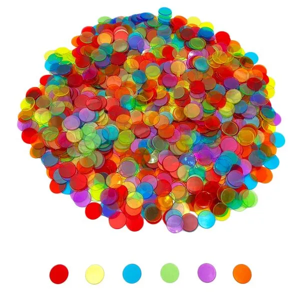 JUNWRROW 1000 Pieces 3/4 inch Transparent 6 Color Bingo Counting Chips with Bag - for Large Group Games, Game Night & Educational Activities