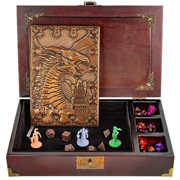 DND dice Tray 3 in 1 - DND dice Set Metal with a Wooden Box - dice Tray for Rolling with Storage Organizer | Dice Rolling Tray with d&d Books - DND Notebook Journal (200 Page) - HORNATE