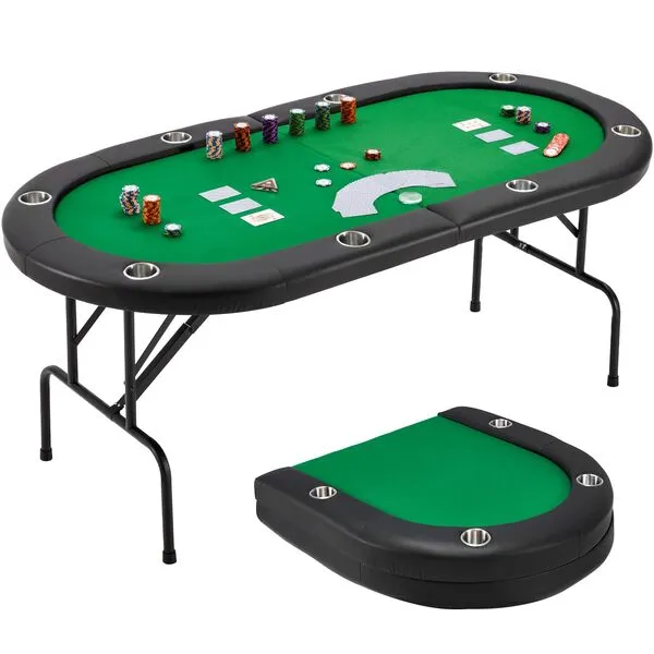ECOTOUGE Poker Table Foldable, 8 Players Gaming Table w/Stainless Cup Holder & Portable Storage Bag, Folding Oval Blackjack Table for Texas Casino Leisure Game, No Assembly Required, Green