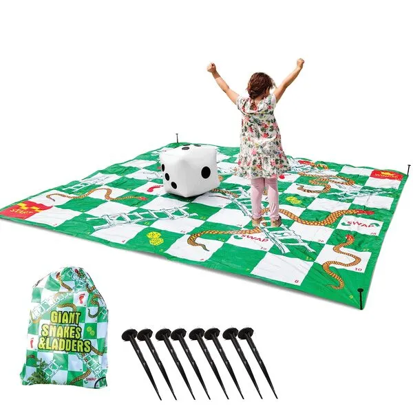 Upper Midland Products Giant Snakes & Ladders Game 9.8 x Foot Life Size Playing Mat with 8 Ground Pegs A Large Inflatable 15\'\' Dice, Storage Carrying Bag - Yard Games for The Whole Family