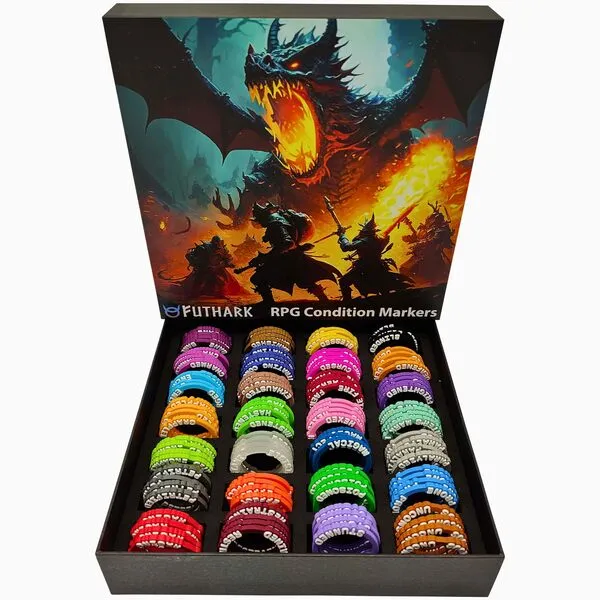 Futhark DND Condition Rings Set: Eliminate Confusion with 112 Vibrant DND Condition Markers for Dungeons & Dragons and RPGs in Exceptional Box - DND Accessories - Great DND Gift!