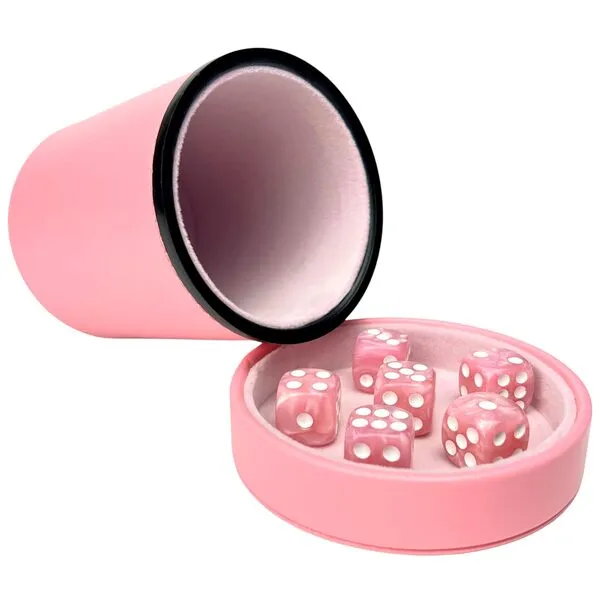 Luck Lab Pink Leather Dice Cup with Lid Including 6 Matching Pearl Dice - Pink Velvet Interior for Quiet Shaking - Use for Liars Dice Farkle Yahtzee Board Games