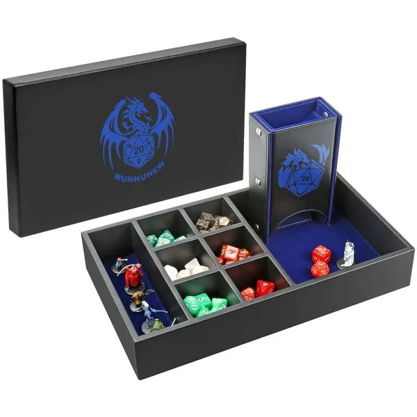 Wunhunew DND Dice Tray & Tower Storage Box, 4 in 1 D&D Dice Holder Case (Dice Rolling Tray, Dice Roller Tower, Dice & Miniature Storage), Great RPG Accessories Gifts for Dungeons and Dragons