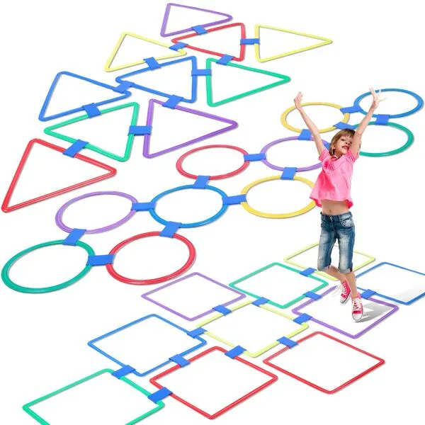 Liliful 30 Pcs Hopscotch Ring Game Multicolored Hopscotch Squares Triangle Set and 45 Connectors Hopscotch Outdoor Game Obstacle Course for Indoor Playground Girls Boys Kids Balance Agility Training