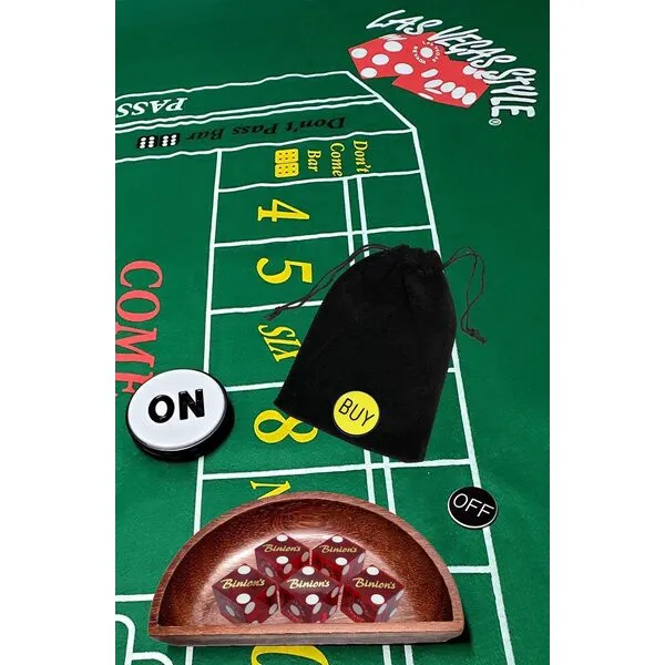 Craps Starter Kit Sets, Featuring Genuine Binion\'s Las Vegas Casino Table-Played Craps Dice (Dark Red Polished), Layout, Wood Dice Boat & Accessories