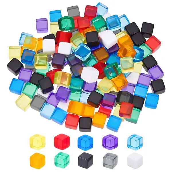 BENECREAT 140Pcs 10 Colors 7.5mm Blank Dice Acrylic Dice Cubes Assorted Color No Hole Beads with Storage Box for Dice DIY Making, Party Favor