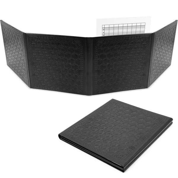 CASEMATIX DM Screen Faux Leather Embossed GM Screen - Four Panel Folding Dungeon Master Screen with Wet Erase Pockets and Compatible with Tabletop Roleplaying Games, Inserts Not Included, Black