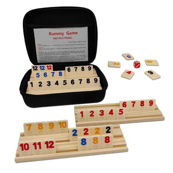 uvcany Rummy Cube Game with 4 Wooden Racks/Trays, 106 Rummy Cube Game Set with Portable Case, Rummy Tiles Travel Set with 4 Tiles Holders for Family Classic Board Games