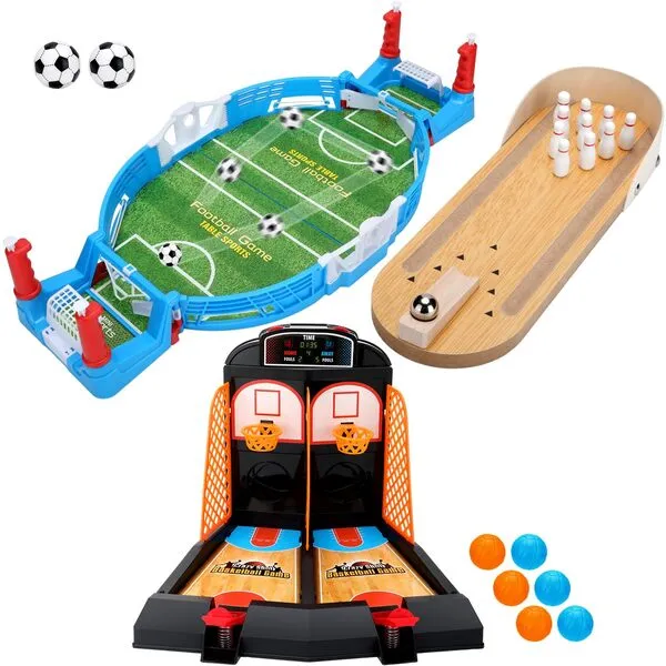Meooeck 3 Sets Desktop Arcade Basketball Table Top Game Mini Bowling Game Tabletop Mini Football Soccer Pinball for Indoor Game Room Desk Games for Office Christmas Adults Gift