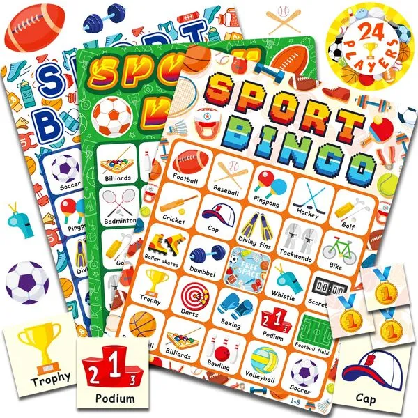 YTSQLER Sports Bingo Game 24 Players Kids Bingo Sports Party Game, Sports Bingo Games for Family Classroom Outdoor Indoor Activity Sport Theme Party Bingo Cards