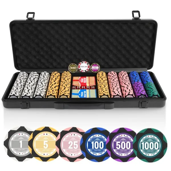 ORIENGEAR 500 PCS Poker Set with 14 Gram Numbered Clay Chips, Texas Hold’em Casino Chip Sets with 2 Decks of Plastic Playing Cards, for Blackjack Gambling Games