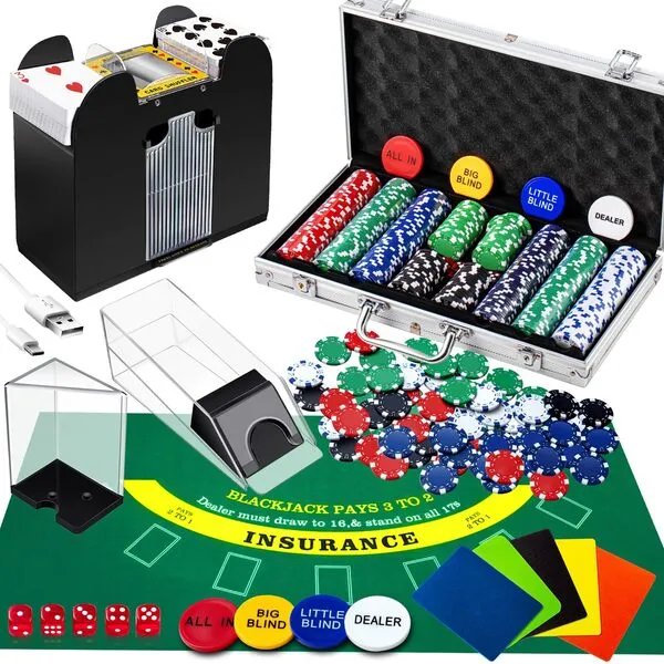Aoriher Blackjack Casino Set, Include 300 Poker Chips, Double Sided Casino Felt, 1 Shuffler, 6 Deck Dealer Shoe, Discard Holder Tray and Aluminum Case (Cards are Not Included)(Green)