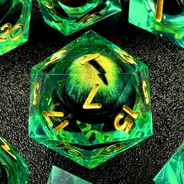 HAOMEJA DND Resin Dice Beholder\'s Dragon Eye Dice Liquid Core Dice Set with Gift Dragon Eye Bag, Sharp Edges Dice Set 7 PCS Apply to Dungeons and Dragons Dice D20 D12 D10 D100 D8 D6 D4 (Eye Green)