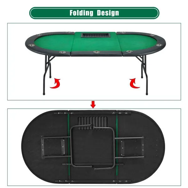 ECOTOUGE Poker Table Foldable, 9 Players Oval Casino Table with Stainless Steel Cup Holder & Poker Tray, Folding Texas Holdem Table for Leisure Blackjack Card Game (Green,82 Inches)