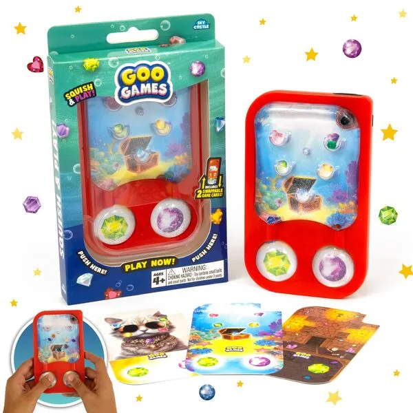 GooGames, Hand-Held Water Games with Floating Treasures, Sensory Fidget Game Adventures, Non-Toxic, No-Mess, Mesmerizing Glitter Fun, 3 Game Cards Included, Refillable, Perfect Travel Toy! (Gems)