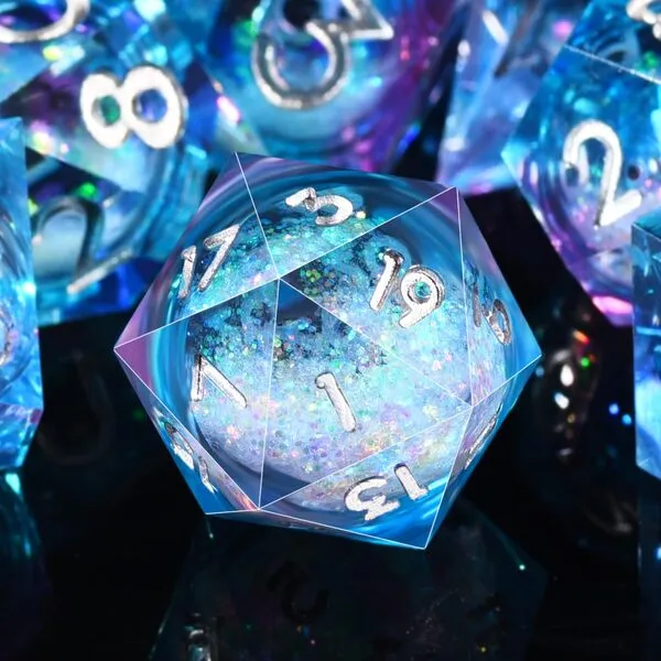 AUSTOR Liquid Core Resin DND Dice Sharp Edge Polyhedral Dice 7-Die DND Dice Set Quicksand Handmade Resin Dice for Dungeons and Dragons RPG MTG Table Games, Blue & Violet