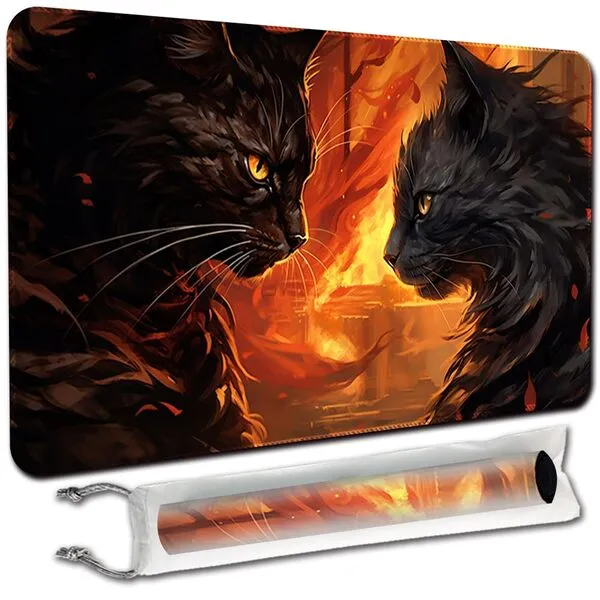 April Space Playmat Board Game MTG Duel Playmat Trading Card 23.6 x 13.8in Game Mat Stitching Edges Compatible for TCG CCG RPG OCG with Card Zones + Free Waterproof Bag (Black Cat,No Zone)
