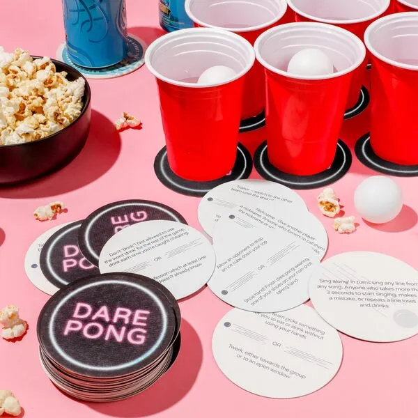 Prezey Dare Pong - Drinking Game for Adults, Bachelorette Party Games, Adult Party Games - Full Beer Pong Set and 50 Coasters with Dares - Perfect for Couples Card Game, 21st Birthday Gifts for Her