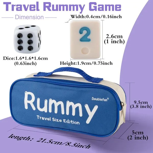 Doublefan Rummy Set,Travel Size Rummy Game with Portable Bag, Mini Rummy Cube Game for Adult and Kids,106 Tiles, 4 Playing Rack, 1 Dice (2-4 Players)