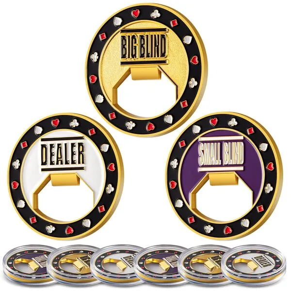 Ziliny 6 Pieces Metal Bottle Opener Poker Buttons Small Blind, Big Blind, Dealer Button Poker Accessories Poker Card Guard Metal Weights (Position Markers) with Plastic Case for Texas Hold\'em, 2 Inch