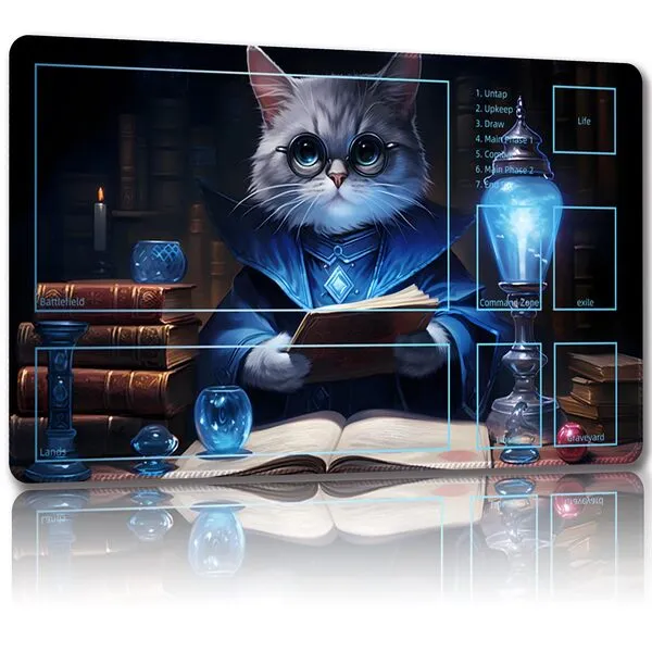 Malqiqi Playmat for MTG, with Free Storage Bags,Game Mat 24 x 14 inches, TCG and Board Game Mat for Cards,Mousepad Desk Mats (Cat 6-Auxiliary Combat)