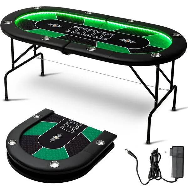 Lemosae Foldable Poker Table, Portable Texas Holdem Poker Table with Stainless Steal Cup Holders and Inlaid LED Light Strip Folding Casino Table for Texas Card, Blackjack Board Game (for 8 Players)