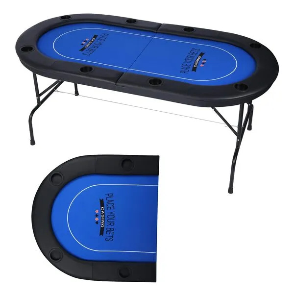 LUCKYERMORE Folding Poker Table71” Easy to Store & Carry, w/Padded Rails & 8 Cup Holders, 8 Player for Texas Casino Leisure Game, No Assembly Required, Blue