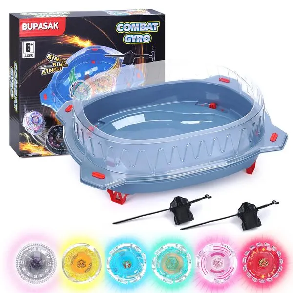 BUPASAK Light Ignite Spinning Tops Battle Set, with Bey Stadium, 6 Light Ignite Spinning Tops, and 2 Launchers, Toys for 6 Year Old Boys & Girls & Up (Amazon Exclusive)
