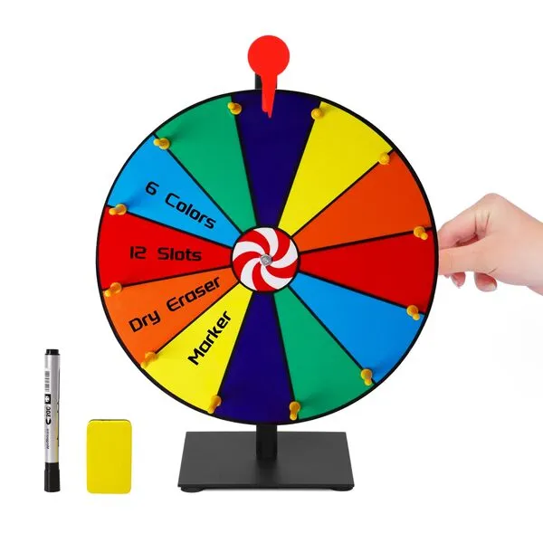 bimiti 12 inch Spinning Prize Wheel Heavy Duty Base, 12 Colorful DIY Prize Slots Tabletop Spinner Fortune Spin Game for Carnival, Trade Show Party Annual Meeting