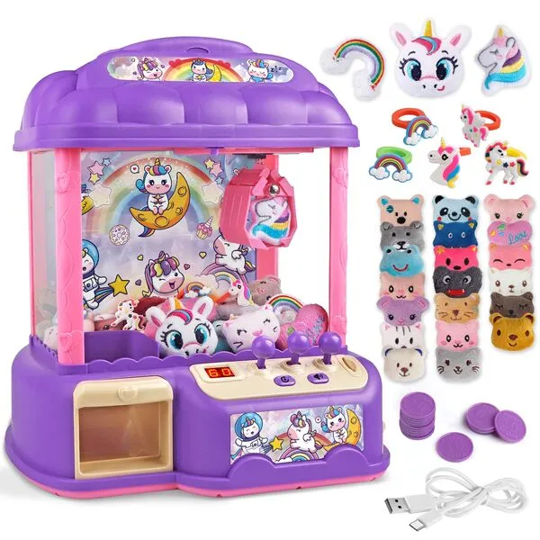 Unicorn Claw Machine for Kids,Mini Vending Candy Grabber Machines ,Electronic Arcade Claw Game Machine for Girls Boys,Prize Dispenser Toys for Party Birthday Easter Gifts with 28 Mini Plush Toys