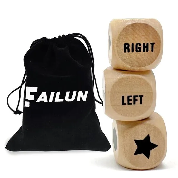 3Pcs Left Right Center Game Dice 1 inch Wooden Dice with Drawstring Bag, Easy to Store and Carry Around, Convenient for Travel