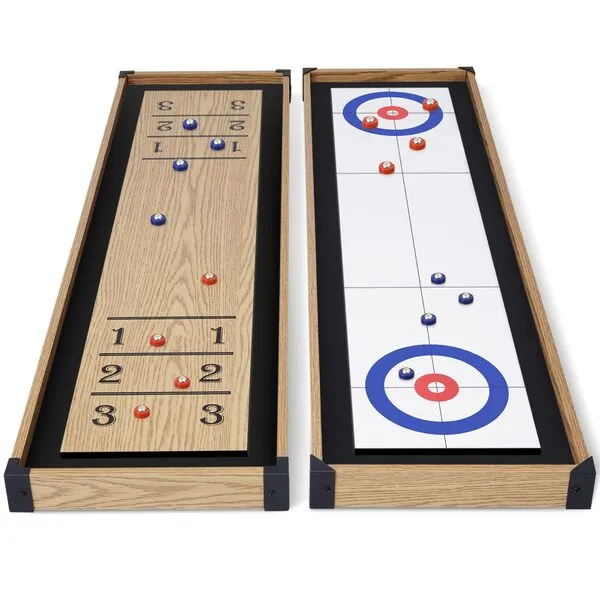 RayChee Shuffleboard and Curling 2 in 1 Board Games, Portable Two Sided Tabletop Shuffleboard Game Set w/8 Rolling Pucks, Wooden Table Top Shuffle Board Game for Kids and Adults