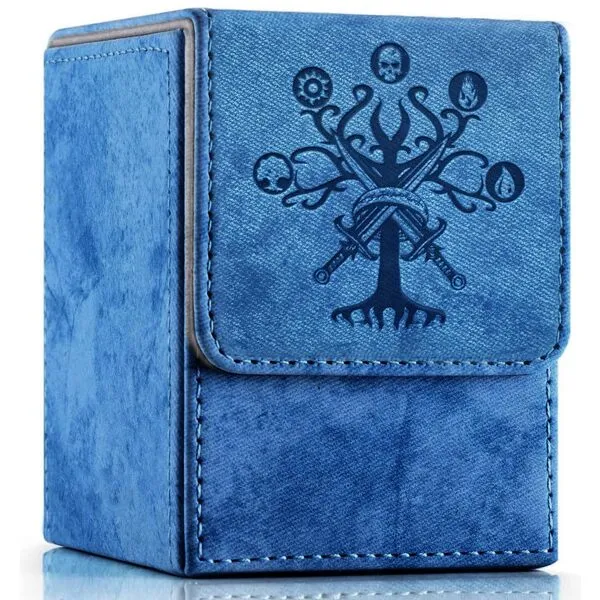 PROMAXIBINDER MTG Commander Deck Box, Fits 100 Single Sleeved Cards, Strong Magnet Magic Gathering Deck Box, PU Leather Trading Card Storage Box for TCG, CCG, MTG Cards (Navy Blue, Tree)