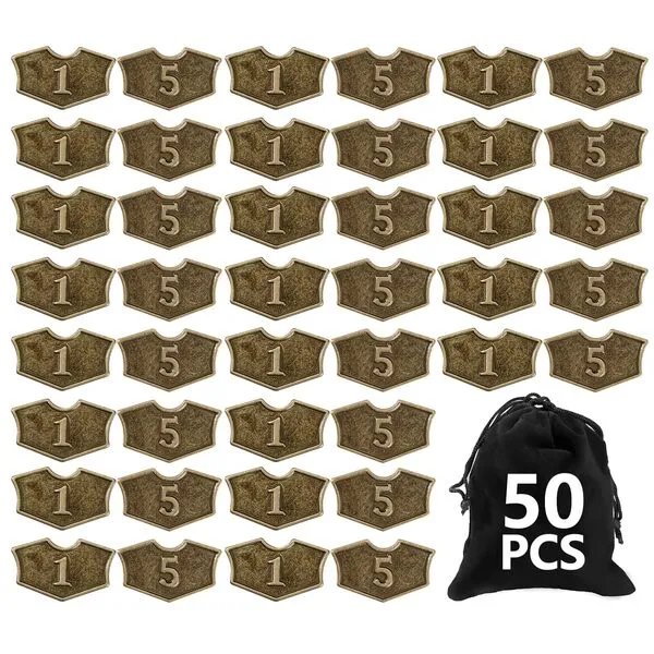 50 Pieces Magic Gathering Counters Tokens Antique Gold Metal Tokens Counters Creature Stats or Loyalty Counters Double Sided Compatible with MTG and CCG Card Gaming Accessories with Velvet Drawstring