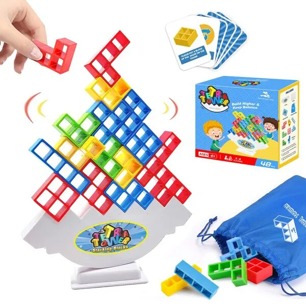 Tetra Tower Balancing Stacking Toys, 48PCS Board Games for Kids & Adults, 2 players Balance Game Team Building Blocks STEM Toy with Storage Bag, Boys Girls Gifts, Perfect for Family, Parties, Travel