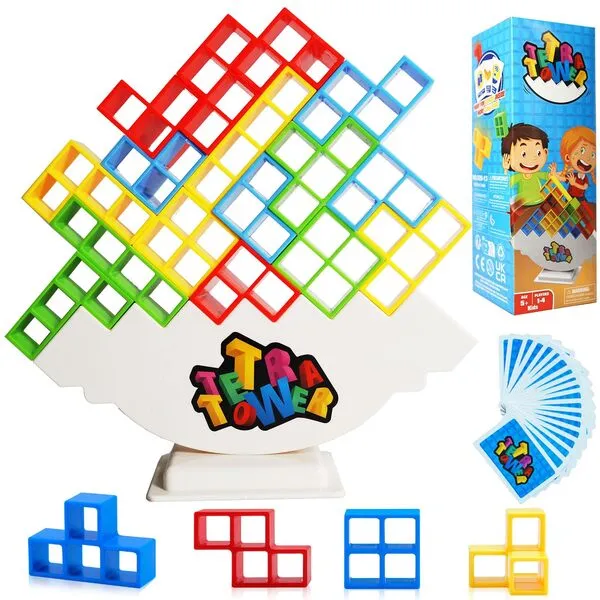 CERBONNY 48Pcs Tetra Tower Stacking Blocks Game, Board Games for Families, Parties, Travel and Team Building, Suitable for 1-4 Players Kids & Adults Toys