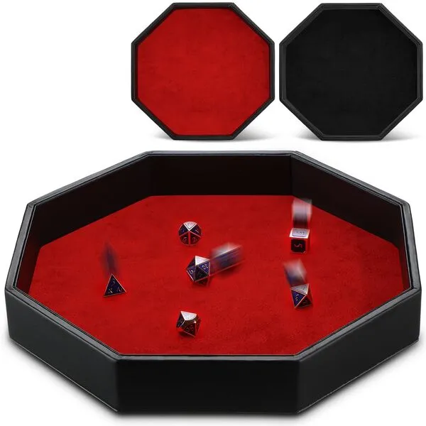 Wenqik 2 Pcs Octagon Dice Tray 11.5 Inch Dice Mat for Dice Case PU Leather Dice Holder Box Velvet for RPG Table Games Christmas Party Accessories, Without Dice (Black, Red)