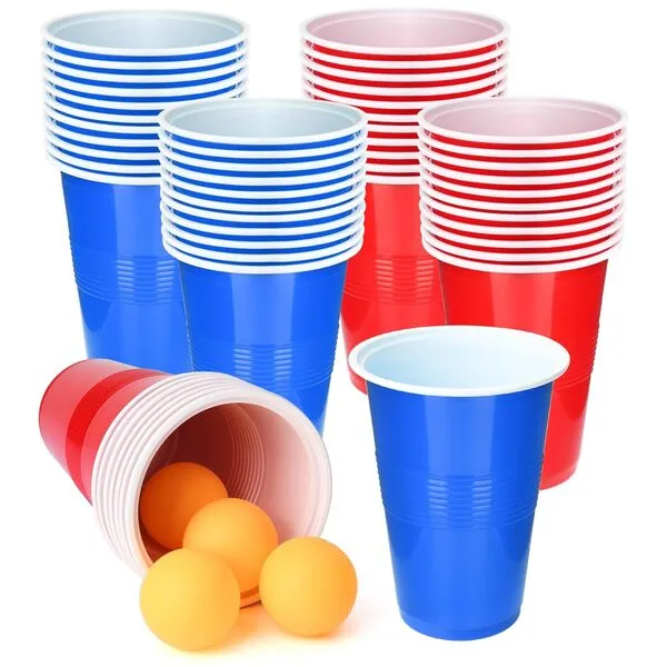 SUNYIWJIE Cup Pong Game Set 22 Pcs 16 Oz Plastic Party Cups with 4 Pcs Ping Pong Balls (Blue+Red)