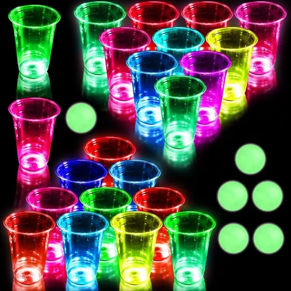 Erweicet Glow in The Dark Pong Game Set Drinking Game with 22 PCS Light Up Beer Pong Flashing Cups Glowing Balls for Indoor Outdoor House Wedding Holiday Glowing Party Game