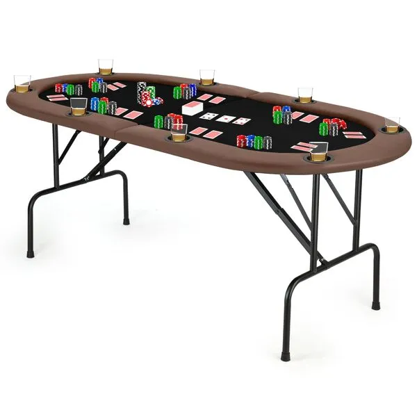 Portable Poker Table Foldable 8 Player Texas Holdem Poker Table with Casino Table Grade Felt Top Cushioned Armrest and 8 Cup Holders for Card Game Gambling Large 72 Inch Oval Folding Poker Table