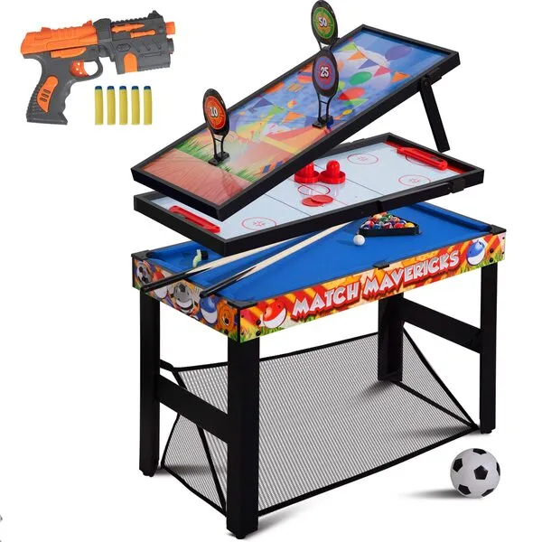 RayChee 36” 4-in-1 Multi Game Table, Combo Game Table Set for Kids, Childrens, Combination Arcade Set w/Pool Billiards, Air Hockey, Soccer, Shooting Game for Home, Game Room