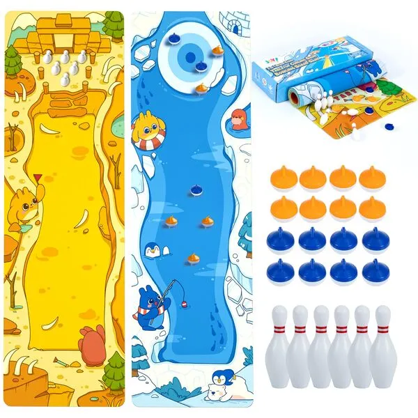 4 FT Table top Curling and Bowling 2 in 1 Board Games, Shuffleboard Game Set with 16 Curling Rocks and 6 Bowling Pins, Best for Kids Adults, Travel Compact Storage, Indoor Outdoor Fun Family Game